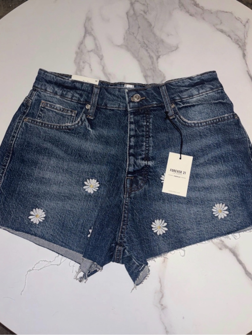 Forever 21 Dark Blue Denim Daisy Embroidered Shorts